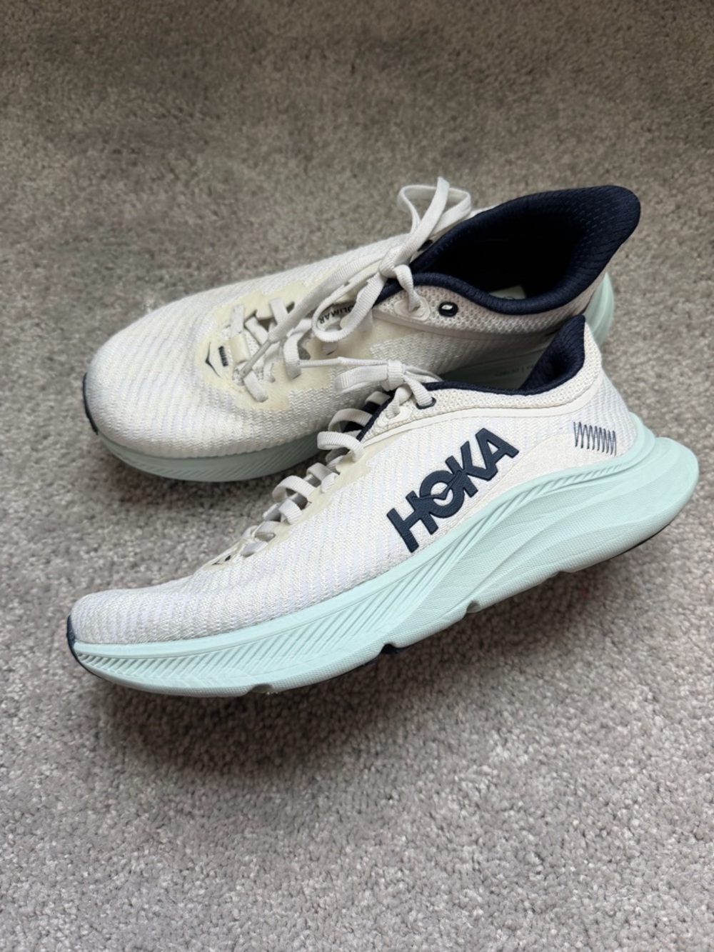 Hoka White and Mint Cushioned Running Shoes